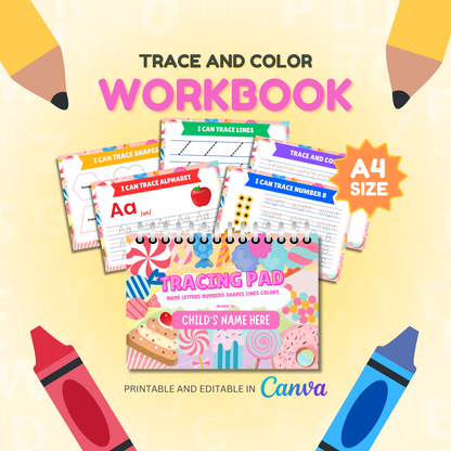 Tracing and Color WorkBook for Kids (Candy) | Printable with Resell Rights
