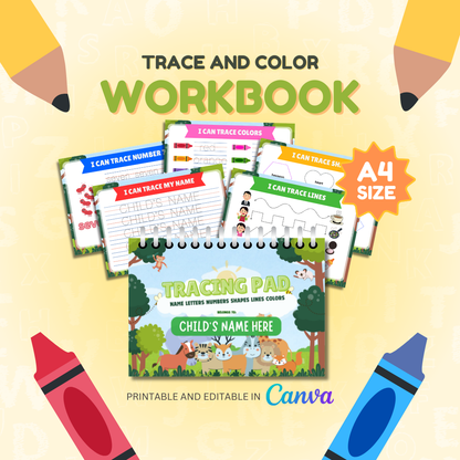 Tracing and Color WorkBook for Kids (Animals) | Printable with Resell Rights