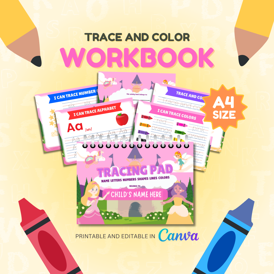 Tracing and Color WorkBook for Kids (Princess) | Printable with Resell Rights