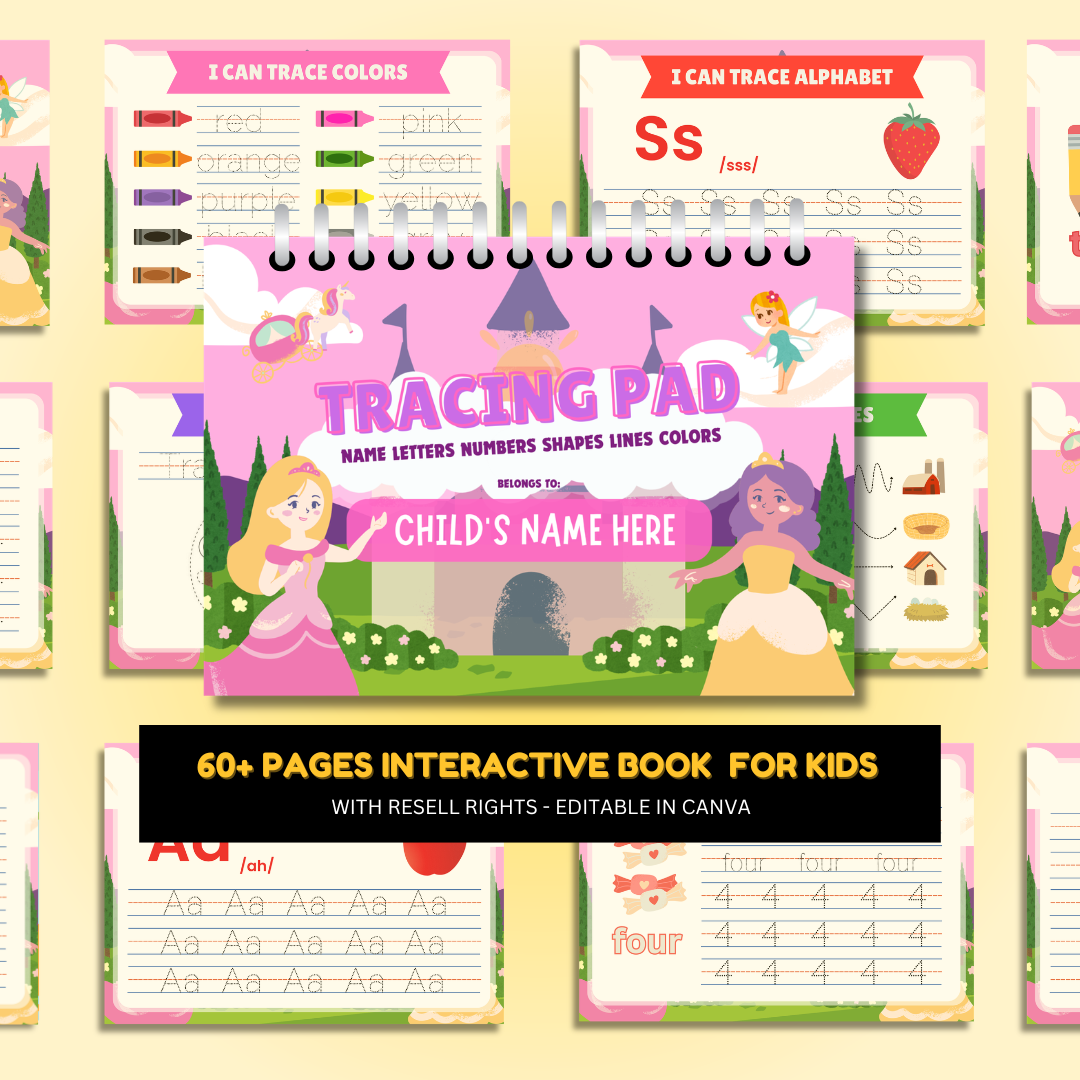 Tracing and Color WorkBook for Kids (Princess) | Printable with Resell Rights