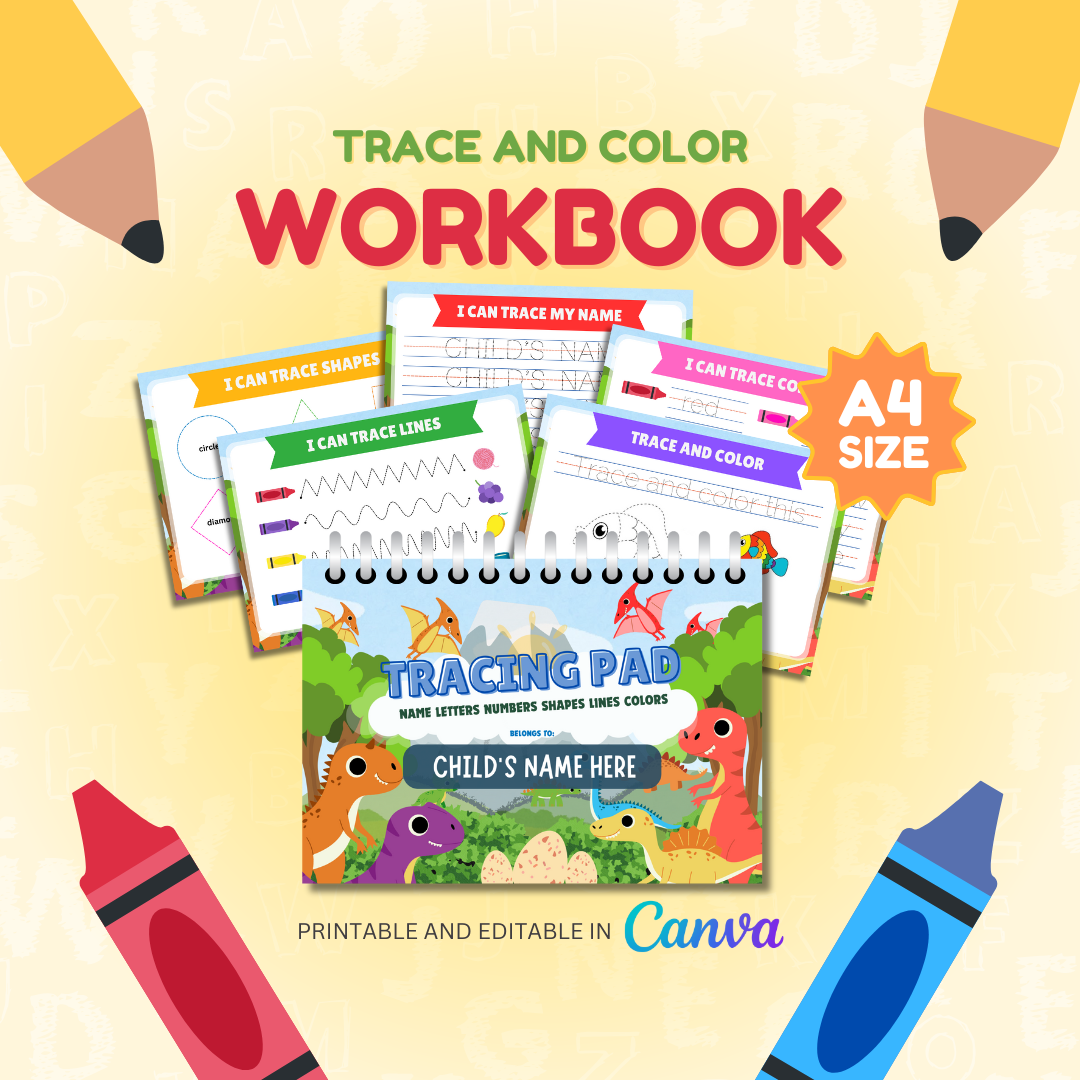 Tracing and Color WorkBook for Kids (Dino) | Printable with Resell Rights